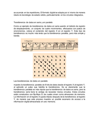 se acumula en los repetidores, El formato digital se adapta por sí mismo de manera
ideal a la tecnología de estado sólido, particularmente en los circuitos integrados.
Transferencia de datos en serie y en paralelo
Como un ejemplo de transferencia de datos en serie usando el método de registro
de desplazamiento, un conjunto de cuatro movimientos, efectuados con pulsos de
sincronismos, coloca el contenido del registro X en el registro Y. Este tipo de
transferencia es mucho más lenta que la transferencia paralela, pero más simple y
barata.
Las transferencias de datos en paralelo
muestra la transferencia paralela de 8 bits de datos desde el registro X al registro Y,
al aplicarle un pulso que habilita la transferencia. Se ve claramente que la
transferencia paralela es más rápida que la transferencia de datos en serie, pero la
transferencia serie tiene la ventaja de necesitar menos circuitos. Estos circuitos
están construidos con flip-flops D, los cuales sirven como almacenes de memoria.
La información en el registro X queda intacta después de la transferencia al registro
Y, de manera que este proceso muestra un posible escenario de acceso a la
información digital almacenada en una memoria.
 