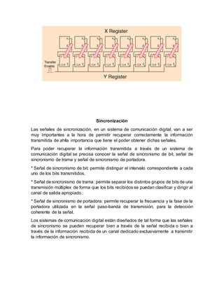 Sincronización
Las señales de sincronización, en un sistema de comunicación digital, van a ser
muy importantes a la hora de permitir recuperar correctamente la información
transmitida de ahíla importancia que tiene el poder obtener dichas señales.
Para poder recuperar la información transmitida a través de un sistema de
comunicación digital se precisa conocer la señal de sincronismo de bit, señal de
sincronismo de trama y señal de sincronismo de portadora.
* Señal de sincronismo de bit: permite distinguir el intervalo correspondiente a cada
uno de los bits transmitidos.
* Señal de sincronismo de trama: permite separar los distintos grupos de bits de una
transmisión múltiplex de forma que los bits recibidos se puedan clasificar y dirigir al
canal de salida apropiado.
* Señal de sincronismo de portadora: permite recuperar la frecuencia y la fase de la
portadora utilizada en la señal paso-banda de transmisión, para la detección
coherente de la señal.
Los sistemas de comunicación digital están diseñados de tal forma que las señales
de sincronismo se pueden recuperar bien a través de la señal recibida o bien a
través de la información recibida de un canal dedicado exclusivamente a transmitir
la información de sincronismo.
 