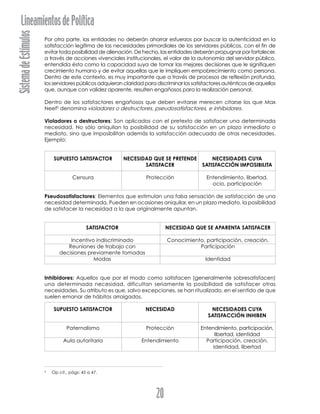 SistemadeEstímulosLineamientosdePolítica
20
Por otra parte, las entidades no deberán ahorrar esfuerzos por buscar la autenticidad en la
satisfacción legítima de las necesidades primordiales de los servidores públicos, con el fin de
evitar toda posibilidad de alienación. De hecho, las entidades deberán propugnar por fortalecer,
a través de acciones vivenciales institucionales, el valor de la autonomía del servidor público,
entendida ésta como la capacidad suya de tomar las mejores decisiones que le signifiquen
crecimiento humano y de evitar aquellas que le impliquen empobrecimiento como persona.
Dentro de este contexto, es muy importante que a través de procesos de reflexión profunda,
los servidores públicos adquieran claridad para discriminar los satisfactores auténticos de aquellos
que, aunque con validez aparente, resulten engañosos para la realización personal.
Dentro de los satisfactores engañosos que deben evitarse merecen citarse los que Max
Neef5
denomina violadores o destructores, pseudosatisfactores, e inhibidores.
Violadores o destructores: Son aplicados con el pretexto de satisfacer una determinada
necesidad. No sólo aniquilan la posibilidad de su satisfacción en un plazo inmediato o
mediato, sino que imposibilitan además la satisfacción adecuada de otras necesidades.
Ejemplo:
SUPUESTO SATISFACTOR NECESIDAD QUE SE PRETENDE NECESIDADES CUYA
SATISFACER SATISFACCIÓN IMPOSIBILITA
Censura Protección Entendimiento, libertad,
ocio, participación
Pseudosatisfactores: Elementos que estimulan una falsa sensación de satisfacción de una
necesidad determinada. Pueden en ocasiones aniquilar, en un plazo mediato, la posibilidad
de satisfacer la necesidad a la que originalmente apuntan.
SATISFACTOR NECESIDAD QUE SE APARENTA SATISFACER
Incentivo indiscriminado Conocimiento, participación, creación.
Reuniones de trabajo con Participación
decisiones previamente tomadas
Modas Identidad
Inhibidores: Aquellos que por el modo como satisfacen (generalmente sobresatisfacen)
una determinada necesidad, dificultan seriamente la posibilidad de satisfacer otras
necesidades. Su atributo es que, salvo excepciones, se han ritualizado, en el sentido de que
suelen emanar de hábitos arraigados.
SUPUESTO SATISFACTOR NECESIDAD NECESIDADES CUYA
SATISFACCIÓN INHIBEN
Paternalismo Protección Entendimiento, participación,
libertad, identidad
Aula autoritaria Entendimiento Participación, creación,
Identidad, libertad
5
Op cit., págs: 45 a 47.
 