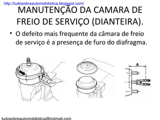 . http://tudosobreautomobilistica.blogspot.com/

        MANUTENÇÃO DA CAMARA DE
        FREIO DE SERVIÇO (DIANTEIRA).
    • O defeito mais frequente da câmara de freio
      de serviço é a presença de furo do diafragma.
 