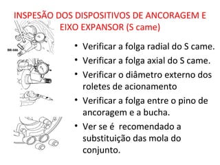 INSPESÃO DOS DISPOSITIVOS DE ANCORAGEM E
          EIXO EXPANSOR (S came)
            • Verificar a folga radial do S came.
            • Verificar a folga axial do S came.
            • Verificar o diâmetro externo dos
              roletes de acionamento
            • Verificar a folga entre o pino de
              ancoragem e a bucha.
            • Ver se é recomendado a
              substituição das mola do
              conjunto.
 