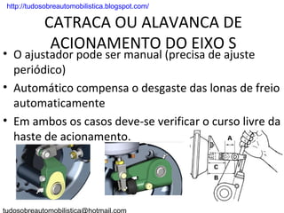 . http://tudosobreautomobilistica.blogspot.com/

             CATRACA OU ALAVANCA DE
              ACIONAMENTO DO EIXO S
• O ajustador pode ser manual (precisa de ajuste
  periódico)
• Automático compensa o desgaste das lonas de freio
  automaticamente
• Em ambos os casos deve-se verificar o curso livre da
  haste de acionamento.
 