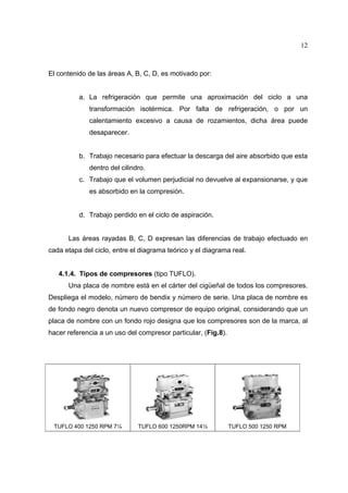 12

El contenido de las áreas A, B, C, D, es motivado por:
a. La refrigeración que permite una aproximación del ciclo a una
transformación isotérmica. Por falta de refrigeración, o por un
calentamiento excesivo a causa de rozamientos, dicha área puede
desaparecer.
b. Trabajo necesario para efectuar la descarga del aire absorbido que esta
dentro del cilindro.
c. Trabajo que el volumen perjudicial no devuelve al expansionarse, y que
es absorbido en la compresión.
d. Trabajo perdido en el ciclo de aspiración.
Las áreas rayadas B, C, D expresan las diferencias de trabajo efectuado en
cada etapa del ciclo, entre el diagrama teórico y el diagrama real.
4.1.4. Tipos de compresores (tipo TUFLO).
Una placa de nombre está en el cárter del cigüeñal de todos los compresores.
Despliega el modelo, número de bendix y número de serie. Una placa de nombre es
de fondo negro denota un nuevo compresor de equipo original, considerando que un
placa de nombre con un fondo rojo designa que los compresores son de la marca, al
hacer referencia a un uso del compresor particular, (Fig.8).

TUFLO 400 1250 RPM 7¼

TUFLO 600 1250RPM 14½

TUFLO 500 1250 RPM

 
