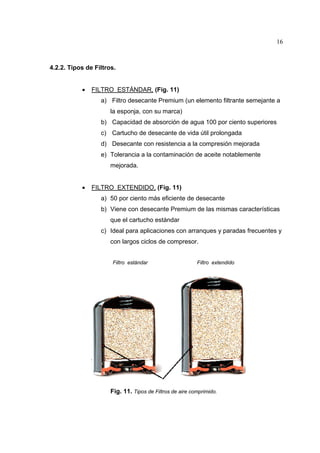 16

4.2.2. Tipos de Filtros.
•

FILTRO ESTÁNDAR, (Fig. 11)
a) Filtro desecante Premium (un elemento filtrante semejante a
la esponja, con su marca)
b) Capacidad de absorción de agua 100 por ciento superiores
c) Cartucho de desecante de vida útil prolongada
d) Desecante con resistencia a la compresión mejorada
e) Tolerancia a la contaminación de aceite notablemente
mejorada.

•

FILTRO EXTENDIDO, (Fig. 11)
a) 50 por ciento más eficiente de desecante
b) Viene con desecante Premium de las mismas características
que el cartucho estándar
c) Ideal para aplicaciones con arranques y paradas frecuentes y
con largos ciclos de compresor.
Filtro estándar

Filtro extendido

Fig. 11. Tipos de Filtros de aire comprimido.

 