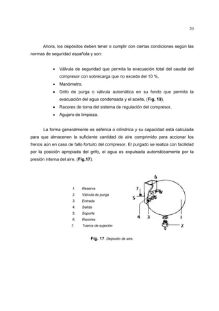 20

Ahora, los depósitos deben tener o cumplir con ciertas condiciones según las
normas de seguridad española y son:
•

Válvula de seguridad que permita la evacuación total del caudal del
compresor con sobrecarga que no exceda del 10 %,

•

Manómetro,

•

Grifo de purga o válvula automática en su fondo que permita la
evacuación del agua condensada y el aceite, (Fig. 19).

•

Racores de toma del sistema de regulación del compresor,

•

Agujero de limpieza.

La forma generalmente es esférica o cilíndrica y su capacidad está calculada
para que almacenen la suficiente cantidad de aire comprimido para accionar los
frenos aún en caso de fallo fortuito del compresor. El purgado se realiza con facilidad
por la posición apropiada del grifo, el agua es expulsada automáticamente por la
presión interna del aire, (Fig.17).

1.

Reserva

2.

Válvula de purga

3.

Entrada

4.

Salida

5.

Soporte

6.

Racores

7.

Tuerca de sujeción

Fig. 17. Deposito de aire.

 
