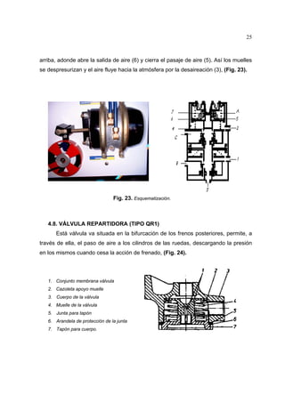 25

arriba, adonde abre la salida de aire (6) y cierra el pasaje de aire (5). Así los muelles
se despresurizan y el aire fluye hacia la atmósfera por la desaireación (3), (Fig. 23).

Fig. 23. Esquematización.

4.8. VÁLVULA REPARTIDORA (TIPO QR1)
Está válvula va situada en la bifurcación de los frenos posteriores, permite, a
través de ella, el paso de aire a los cilindros de las ruedas, descargando la presión
en los mismos cuando cesa la acción de frenado, (Fig. 24).

1. Conjunto membrana válvula
2. Cazoleta apoyo muelle
3. Cuerpo de la válvula
4. Muelle de la válvula
5. Junta para tapón
6. Arandela de protección de la junta
7. Tapón para cuerpo.

 