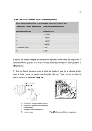 32

4.9.6. Recorrido máximo de la cámara del pulmón.
Recorrido máximo permitido en la cámara del freno, con frenos de leva
Tamaño de la cámara, área efectiva

Recorrido máximo permitido

(pulgadas cuadradas)

pulgadas (mm)

12

1-1/2 (38)

16

1-3/4 (44)

20

1-3/4 (44)

24

1-3/4 (44)

24 (recorrido largo)

2 (51)

30

2 (51)

1. Ajuste los frenos siempre que el recorrido aplicado de la varilla de empuje de la
cámara del freno iguale o exceda el recorrido máximo permitido que se muestra en la
tabla anterior.
1.1 Con los frenos liberados, mida la distancia desde la cara de la cámara de aire
hasta la línea central del pasador de horquilla (Ref. A). Tome nota de la distancia
exacta llamándola medida A, (Fig. 29).

A.

Con los frenos liberados, mida esta distancia.

B.

Con los frenos aplicados, mida esta distancia.

C.

Cámara del freno

D.

Ajustador de tensión manual (típico)

E.

Tornillo de ajuste.

Fig. 29. Recorrido Máximo del pulmón.

 