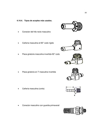 49

4.14.4. Tipos de acoples más usados.

•

Conector del hilo recto masculino

•

Cañería masculina el 90° codo rígido

•

Pieza giratoria masculina invertida 90° codo

•

Pieza giratoria en T masculina invertida

•

Cañería masculina (corta)

•

Conector masculino con guardia primaveral

 