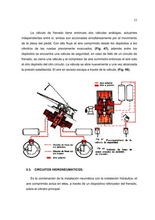 53

La válvula de frenado tiene entonces dos válvulas análogas, actuantes
independientes entre sí, ambas son accionadas simultáneamente por el movimiento
de la placa del pedal. Con ello fluye el aire comprimido desde los depósitos a los
cilindros de las ruedas previamente evacuados, (Fig. 47), además entre los
depósitos se encuentra una válvula de seguridad, en caso de fallo de un circuito de
frenado, se cierra una válvula y el compresor de aire suministra entonces el aire solo
al otro depósito del otro circuito. La válvula se abre nuevamente y una vez alcanzada
la presión establecida. El aire en exceso escapa a través de la válvula, (Fig. 48).

5.3.

CIRCUITOS HIDRONEUMÁTICOS.

Es la combinación de la instalación neumática con la instalación hidráulica, el
aire comprimido actúa en ellas, a través de un dispositivo reforzador del frenado,
sobre el cilindro principal.

 