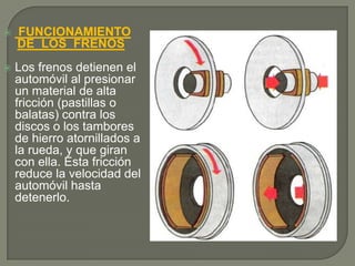    FUNCIONAMIENTO
    DE LOS FRENOS
   Los frenos detienen el
    automóvil al presionar
    un material de alta
    fricción (pastillas o
    balatas) contra los
    discos o los tambores
    de hierro atornillados a
    la rueda, y que giran
    con ella. Esta fricción
    reduce la velocidad del
    automóvil hasta
    detenerlo.
 