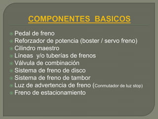  Pedal  de freno
 Reforzador de potencia (boster / servo freno)
 Cilindro maestro
 Líneas y/o tuberías de frenos
 Válvula de combinación
 Sistema de freno de disco
 Sistema de freno de tambor
 Luz de advertencia de freno (Conmutador de luz stop)
 Freno de estacionamiento
 