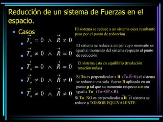Reducción de un sistema de Fuerzas en el
espacio.
• Casos
→
→
To = 0 ∧ R ≠ 0
•L
→
→
T
• Lo ≠ 0 ∧ R = 0
→

→

→

→

→

→

T
• Lo = 0 ∧ R = 0

• lT o ≠ 0 ∧ R ≠ 0
• Lo ≠ 0 ∧ R ≠ 0
T

El sistema se reduce a un sistema cuya resultante
pasa por el punto de reducción
El sistema se reduce a un par cuyo momento es
igual al momento del sistema respecto al punto
de reducción
El sistema está en equilibrio (traslación
rotación nulas)
Si To es perpendicular a R (To.R=0) el sistema
se reduce a una sola fuerza R aplicada en un
punto p tal que su momento respecto a o sea
igual a To (To=OP x R)
Si To NO es perpendicular a R el sistema se
reduce a TORSOR EQUIVALENTE.

 