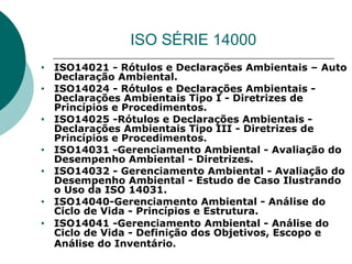 ISO SÉRIE 14000
• ISO14021 - Rótulos e Declarações Ambientais – Auto
Declaração Ambiental.
• ISO14024 - Rótulos e Declarações Ambientais -
Declarações Ambientais Tipo I - Diretrizes de
Princípios e Procedimentos.
• ISO14025 -Rótulos e Declarações Ambientais -
Declarações Ambientais Tipo III - Diretrizes de
Princípios e Procedimentos.
• ISO14031 -Gerenciamento Ambiental - Avaliação do
Desempenho Ambiental - Diretrizes.
• ISO14032 - Gerenciamento Ambiental - Avaliação do
Desempenho Ambiental - Estudo de Caso Ilustrando
o Uso da ISO 14031.
• ISO14040-Gerenciamento Ambiental - Análise do
Ciclo de Vida - Princípios e Estrutura.
• ISO14041 -Gerenciamento Ambiental - Análise do
Ciclo de Vida - Definição dos Objetivos, Escopo e
Análise do Inventário.
 