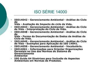 ISO SÉRIE 14000
• ISO14042 - Gerenciamento Ambiental - Análise do Ciclo
de
Vida - Avaliação do Impacto do ciclo de Vida.
• ISO14043 - Gerenciamento Ambiental - Análise do Ciclo
de Vida - Interpretação do Ciclo de Vida.
• ISO14048 - Gerenciamento Ambiental - Análise do Ciclo
de
Vida - Forma da Documentação de Dados da Análise do
Ciclo de Vida.
• ISO14049 - Gerenciamento Ambiental - Análise do Ciclo
de Vida - Exemplos para Aplicação da ISO 14041.
• ISO14050 - Gerenciamento Ambiental - Vocabulário.
• ISO14061 - Informações para Orientar Organizações
florestais no Uso das Normas de Sistema de
Gerenciamento
Ambiental
• ISO Guide 64 Diretrizes para Inclusão de Aspectos
Ambientais em Normas de Produtos.
 