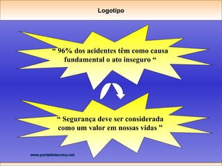 “  96% dos acidentes têm como causa fundamental o ato inseguro “ Logotipo “  Segurança deve ser considerada como um valor em nossas vidas ” 