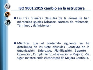 ISO 9001:2015 cambio en la estructura
 Las tres primeras cláusulas de la norma se han
mantenido iguales (Alcance, Normas de referencia,
Términos y definiciones),
 Mientras que el contenido siguiente se ha
distribuido en las siete cláusulas (Contexto de la
organización, Liderazgo, Planificación, Soporte ,
Operación, Cumplimiento –Evaluación y Mejora). -Se
sigue manteniendo el concepto de Mejora Continua.
 
