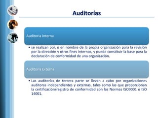 Auditorías
Auditoria Interna
• se realizan por, o en nombre de la propia organización para la revisión
por la dirección y otros fines internos, y puede constituir la base para la
declaración de conformidad de una organización.
Auditoria Externa
• Las auditorías de tercera parte se llevan a cabo por organizaciones
auditoras independientes y externas, tales como las que proporcionan
la certificación/registro de conformidad con las Normas ISO9001 o ISO
14001.
 