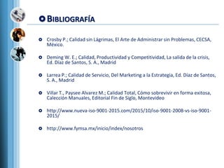 BIBLIOGRAFÍA
 Crosby P.; Calidad sin Lágrimas, El Arte de Administrar sin Problemas, CECSA,
México.
 Deming W. E.; Calidad, Productividad y Competitividad, La salida de la crisis,
Ed. Díaz de Santos, S. A., Madrid
 Larrea P.; Calidad de Servicio, Del Marketing a la Estrategia, Ed. Díaz de Santos,
S. A., Madrid
 Villar T., Paysee Alvarez M.; Calidad Total, Cómo sobrevivir en forma exitosa,
Calección Manuales, Editorial Fin de Siglo, Montevideo
 http://www.nueva-iso-9001-2015.com/2015/10/iso-9001-2008-vs-iso-9001-
2015/
 http://www.fymsa.mx/inicio/index/nosotros
 