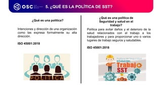 5. ¿QUÉ ES LA POLÍTICA DE SST?
Intenciones y dirección de una organización
como las expresa formalmente su alta
dirección.
ISO 45001:2018
¿Qué es una política de
Seguridad y salud en el
trabajo?
Política para evitar daños y el deterioro de la
salud relacionados con el trabajo a los
trabajadores y para proporcionar uno o varios
lugares de trabajo seguros y saludables.
ISO 45001:2018
¿Qué es una política?
 