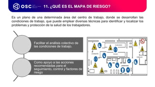 11. ¿QUÉ ES EL MAPA DE RIESGO?
Es un plano de una determinada área del centro de trabajo, donde se desarrollan las
condiciones de trabajo, que puede emplear diversas técnicas para identificar y localizar los
problemas y protección de la salud de los trabajadores.
Facilitar el análisis colectivo de
las condiciones de trabajo.
Como apoyo a las acciones
recomendadas para el
seguimiento, control y factores de
riesgo
 