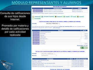 Consulta de calificaciones
   de sus hijos desde
        Internet.

 Promedio por materia y
 detalle de calificaciones
   por cada actividad
         realizada
 