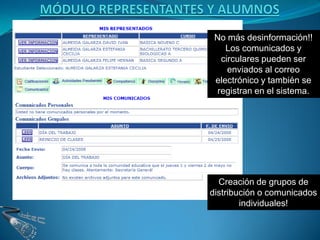 No más desinformación!!
    Los comunicados y
   circulares pueden ser
     enviados al correo
 electrónico y también se
  registran en el sistema.




  Creación de grupos de
distribución o comunicados
        individuales!
 