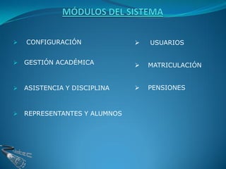    CONFIGURACIÓN                 USUARIOS


   GESTIÓN ACADÉMICA             MATRICULACIÓN


   ASISTENCIA Y DISCIPLINA       PENSIONES



   REPRESENTANTES Y ALUMNOS
 