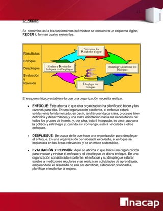 11
6.- REDER
Se denomina así a los fundamentos del modelo se encuentra un esquema lógico.
REDER lo forman cuatro elementos:
Resultados
Enfoque
Despliegue
Evaluación
y
Revisión
El esquema lógico establece lo que una organización necesita realizar:
 ENFOQUE: Este abarca lo que una organización ha planificado hacer y las
razones para ello. En una organización excelente, el enfoque estará,
solidamente fundamentado, es decir, tendrá una lógica clara, procesos bien
definidos y desarrollados y una clara orientación hacia las necesidades de
todos los grupos de interés; y, por otra, estará integrado, es decir, apoyara
la política y estrategia y, cuando así convenga, estará vinculado a otros
enfoques.
 DESPLIEGUE: Se ocupa de lo que hace una organización para desplegar
el enfoque. En una organización considerada excelente, el enfoque se
implantara en las áreas relevantes y de un modo sistemático.
 EVALUACIÓN Y REVISIÓN: Aquí se aborda lo que hace una organización
para evaluar y revisar el enfoque y el despliegue de dicho enfoque. En una
organización considerada excelente, el enfoque y su despliegue estarán
sujetos a mediciones regulares y se realizaran actividades de aprendizaje,
empleándose el resultado de ello en identificar, establecer prioridades,
planificar e implantar la mejora.
 