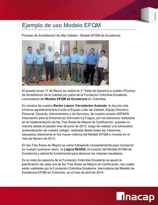 13
Ejemplo de uso Modelo EFQM
Proceso de Acreditación de Alta Calidad - Modelo EFQM de Excelencia
El pasado lunes 17 de Marzo se realizó la 3° Visita de Asesoría a nuestro Proceso
de Acreditación de la Calidad por parte de la Fundación Colombia Excelente,
Licenciataria del Modelo EFQM de Excelencia en Colombia.
En nombre de nuestro Rector Lázaro Tierradentro Andrade, le doy los más
sinceros agradecimientos a todo el Equipo Líder de Calidad, Equipo Directivo,
Personal Docente, Administrativo y de Servicios, de nuestro amado ASPAEN
(Asociación para la Enseñanza) Gimnasio La Fragua, por los esfuerzos realizados
en la implementación de las Tres Áreas de Mejora de Certificación, puestas en
marcha desde el pasado mes de junio de 2013, luego de realizar una exhaustiva
autoevaluación de nuestro colegio, realizada desde todas las instancias,
expuestas claramente en los nueve criterios del Modelo EFQM e iniciada en el
mes de febrero de 2013.
En las Tres Áreas de Mejora se viene trabajando incesantemente para incorporar
en nuestro quehacer diario la Lógica REDER, el corazón del Modelo EFQM de
Excelencia y elemento fundamental para alcanzar los mejores resultados.
Es la visita de asesoría de la Fundación Colombia Excelente se ajustó la
planificación de cada una de las Tres Áreas de Mejora de Certificación, las cuales
serán validadas por la Fundación Colombia Excelente, licenciataria del Modelo de
Excelencia EFQM en Colombia, en el mes de abril de 2014.
 