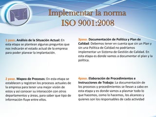 1 paso. Análisis de la Situación Actual: En esta etapa se plantean algunas preguntas que nos indicarán el estado actual de la empresa para poder planear la implantación. 
2 paso. Mapeo de Procesos: En esta etapa se establecen y registran los procesos actuales de la empresa para tener una mejor visión de estos y así conocer su interacción con otros departamentos y áreas, para saber que tipo de información fluye entre ellos. 
3paso. Documentación de Política y Plan de Calidad: Debemos tener en cuenta que sin un Plan y sin una Política de Calidad no podríamos implementar un Sistema de Gestión de Calidad. En esta etapa es donde vamos a documentar el plan y la política. 
4paso. Elaboración de Procedimientos e Instrucciones de Trabajo: La documentación de los procesos y procedimientos se llevan a cabo en esta etapa y es donde vamos a plasmar todo lo que hacemos, como lo hacemos, los alcances y quienes son los responsables de cada actividad  