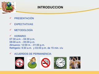 INTRODUCCION
 PRESENTACIÓN
 EXPECTATIVAS
 METODOLOGÍA
 HORARIO
07:30 a.m. - 04:30 p.m.
08:00 a.m. - 05:00 p.m.
Almuerzo: 12:00 m. - 01:00 p.m.
Refrigerio: 9:30 a.m. y 03:00 p.m. de 15 min. c/u
 ACUERDOS DE PERMANENCIA
 