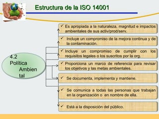 4.2
Política
Ambien
tal
 Es apropiada a la naturaleza, magnitud e impactos
ambientales de sus activ/prod/serv.
 Proporciona un marco de referencia para revisar
los objetivos y las metas ambientales.
 Incluye un compromiso de la mejora continua y de
la contaminación.
 Incluye un compromiso de cumplir con los
requisitos legales o los suscritos por la org.
 Se documenta, implementa y mantiene.
 Se comunica a todas las personas que trabajan
en la organización o en nombre de ella.
 Está a la disposición del público.
Estructura de la ISO 14001Estructura de la ISO 14001
 