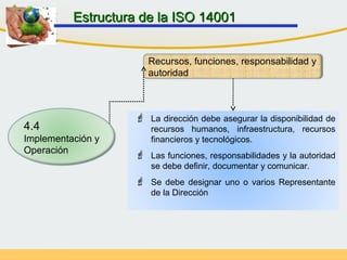 Recursos, funciones, responsabilidad y
autoridad
 La dirección debe asegurar la disponibilidad de
recursos humanos, infraestructura, recursos
financieros y tecnológicos.
 Las funciones, responsabilidades y la autoridad
se debe definir, documentar y comunicar.
 Se debe designar uno o varios Representante
de la Dirección
Estructura de la ISO 14001Estructura de la ISO 14001
4.4
Implementación y
Operación
 