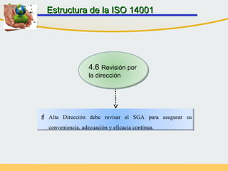  Alta Dirección debe revisar el SGA para asegurar su
conveniencia, adecuación y eficacia continua.
Estructura de la ISO 14001Estructura de la ISO 14001
4.6 Revisión por
la dirección
 