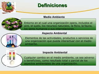 Entorno en el cual una organización opera, incluidos el
aire, el suelo, los recursos naturales, la flora, la fauna,
los seres humanos y sus interrelaciones.
Elementos de las actividades, productos o servicios de
una organización que pueda interactuar con el medio
ambiente.
Cualquier cambio en el medio ambiente, ya sea adverso
o beneficioso, como resultado total o parcial de los
aspectos ambientales de una organización.
DefinicionesDefiniciones
Medio Ambiente
Aspecto Ambiental
Impacto Ambiental
 