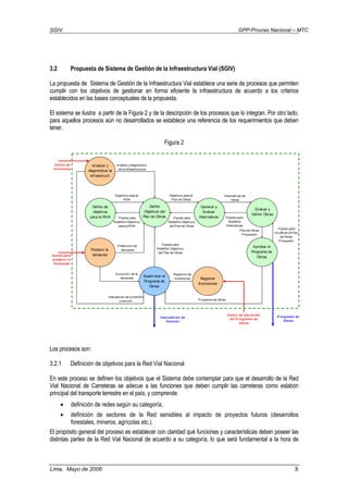 SGIV GPP-Provías Nacional – MTC
Lima, Mayo de 2006 8
3.2 Propuesta de Sistema de Gestión de la Infraestructura Vial (SGIV)
La propuesta de Sistema de Gestión de la Infraestructura Vial establece una serie de procesos que permiten
cumplir con los objetivos de gestionar en forma eficiente la infraestructura de acuerdo a los criterios
establecidos en las bases conceptuales de la propuesta.
El sistema se ilustra a partir de la Figura 2 y de la descripción de los procesos que lo integran. Por otro lado,
para aquellos procesos aún no desarrollados se establece una referencia de los requerimientos que deben
tener.
Figura 2
Analizar y
diagnósticar la
Infraestruct.
Definir de
objetivos
para la RVN
Predecir la
demanda
Definir
Objetivos del
Plan de Obras
Generar y
Evaluar
Alternativas
Evaluar y
Definir Obras
Aprobar el
Programa de
Obras
Supervisar el
Programa de
Obras
Registrar
Inversiones
Análisis y diagnóstico
de la infraestructura
Evolución de la
demanda
Indicadores de condición
y servicio
Registros de
inversiones
Predicción de
demanda
Programa de Obras
Objetivos para el
Plan de Obras
Alternativas de
Obras
Objetivos para la
RVN
Pautas para
Redefinir Objetivos
para la RVN
Plan de Obras
Propuesto
Pautas para
Redefinir Objetivos
del Plan de Obras
Pautas para
Redefinir
Alternativas
Pautas para
modificar el Plan
de Obras
Propuesto
D ato s de
Inventario
D ato s para
predecir la
D emanda
D ato s de ejecución
del P ro grama de
Obras
Indicado res de
Gestión
Pautas para
Redefinir Objetivos
del Plan de Obras
P ro grama de
Obras
Los procesos son:
3.2.1 Definición de objetivos para la Red Vial Nacional
En este proceso se definen los objetivos que el Sistema debe contemplar para que el desarrollo de la Red
Vial Nacional de Carreteras se adecue a las funciones que deben cumplir las carreteras como eslabón
principal del transporte terrestre en el país, y comprende:
• definición de redes según su categoría,
• definición de sectores de la Red sensibles al impacto de proyectos futuros (desarrollos
forestales, mineros, agrícolas etc.).
El propósito general del proceso es establecer con claridad qué funciones y características deben poseer las
distintas partes de la Red Vial Nacional de acuerdo a su categoría, lo que será fundamental a la hora de
 
