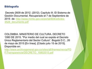 Bibliografía
Decreto 2609 de 2012. (2012). Capítulo III. El Sistema de
Gestión Documental. Recuperado el 7 de Septiembre de
2015 de: http://www.mintic.gov.co/portal/604/articles-
3528_documento.pdf
COLOMBIA. MINISTERIO DE CULTURA. DECRETO
1080 DE 2015. "Por medio del cual se expide el Decreto
Único Reglamentario del Sector Cultura”. Bogotá D.C., 26
de mayo de 2015 [En línea]. [Citado julio 15 de 2015].
Disponible en:
http://www.archivogeneral.gov.co/sites/all/themes/nevia/PD
F/Transparencia/DECRETO_10802015.pdf
 