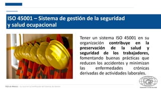 DQS de México – Su socio en la Certificación de Sistemas de Gestión
ISO 45001 – Sistema de gestión de la seguridad
y salud ocupacional
Tener un sistema ISO 45001 en su
organización contribuye en la
preservación de la salud y
seguridad de los trabajadores,
fomentando buenas prácticas que
reducen los accidentes y minimizan
las enfermedades crónicas
derivadas de actividades laborales.
 