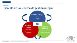 DQS de México – Su socio en la Certificación de Sistemas de Gestión
Ejemplo de un sistema de gestión integral
ISO 9001-Enfoque
- Calidad
- Clientes
- Servicios y/o productos
ISO 14001-
Enfoque
- Desarrollo sotenible
- Impactos ambientales
- Entorno
ISO 45001 -
Enfoque
- Salud laboral
- Seguridad Ocupacional
- Trabajadores
- Áreas de trabajo
SGI
 