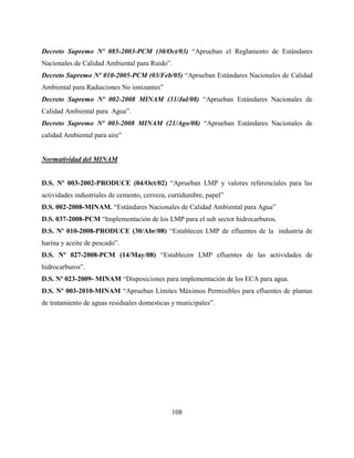 108
Decreto Supremo Nº 085-2003-PCM (30/Oct/03) “Aprueban el Reglamento de Estándares
Nacionales de Calidad Ambiental para Ruido”.
Decreto Supremo Nº 010-2005-PCM (03/Feb/05) “Aprueban Estándares Nacionales de Calidad
Ambiental para Radiaciones No ionizantes”
Decreto Supremo Nº 002-2008 MINAM (31/Jul/08) “Aprueban Estándares Nacionales de
Calidad Ambiental para Agua”.
Decreto Supremo Nº 003-2008 MINAM (21/Ago/08) “Aprueban Estándares Nacionales de
calidad Ambiental para aire”
Normatividad del MINAM
D.S. Nº 003-2002-PRODUCE (04/Oct/02) “Aprueban LMP y valores referenciales para las
actividades industriales de cemento, cerveza, curtidumbre, papel”
D.S. 002-2008-MINAM. “Estándares Nacionales de Calidad Ambiental para Agua”
D.S. 037-2008-PCM “Implementación de los LMP para el sub sector hidrocarburos.
D.S. Nº 010-2008-PRODUCE (30/Abr/08) “Establecen LMP de efluentes de la industria de
harina y aceite de pescado”.
D.S. Nº 027-2008-PCM (14/May/08) “Establecen LMP efluentes de las actividades de
hidrocarburos”.
D.S. Nº 023-2009- MINAM “Disposiciones para implementación de los ECA para agua.
D.S. Nº 003-2010-MINAM “Aprueban Límites Máximos Permisibles para efluentes de plantas
de tratamiento de aguas residuales domesticas y municipales”.
 