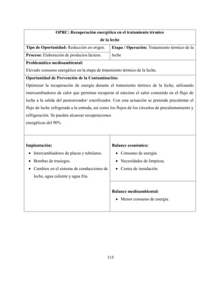 115
OPRC: Recuperación energética en el tratamiento térmico
de la leche
Tipo de Oportunidad: Reducción en origen. Etapa / Operación: Tratamiento térmico de la
lecheProceso: Elaboración de productos lácteos.
Problemática medioambiental:
Elevado consumo energético en la etapa de tratamiento térmico de la leche.
Oportunidad de Prevención de la Contaminación:
Optimizar la recuperación de energía durante el tratamiento térmico de la leche, utilizando
intercambiadores de calor que permitan recuperar al máximo el calor contenido en el flujo de
leche a la salida del pasteurizador/ esterilizador. Con esta actuación se pretende precalentar el
flujo de leche refrigerada a la entrada, así como los flujos de los circuitos de precalentamiento y
refrigeración. Se pueden alcanzar recuperaciones
energéticas del 90%
Implantación:
 Intercambiadores de placas y tubulares.
 Bombas de trasiegos.
 Cambios en el sistema de conducciones de
leche, agua caliente y agua fría.
Balance económico:
 Consumo de energía.
 Necesidades de limpieza.
 Costes de instalación
Balance medioambiental:
 Menor consumo de energía.
 