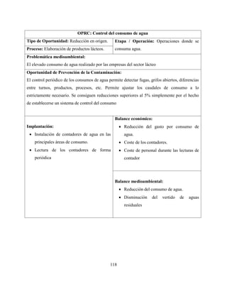 118
OPRC: Control del consumo de agua
Tipo de Oportunidad: Reducción en origen. Etapa / Operación: Operaciones donde se
consuma agua.Proceso: Elaboración de productos lácteos.
Problemática medioambiental:
El elevado consumo de agua realizado por las empresas del sector lácteo
Oportunidad de Prevención de la Contaminación:
El control periódico de los consumos de agua permite detectar fugas, grifos abiertos, diferencias
entre turnos, productos, procesos, etc. Permite ajustar los caudales de consumo a lo
estrictamente necesario. Se consiguen reducciones superiores al 5% simplemente por el hecho
de establecerse un sistema de control del consumo
Implantación:
 Instalación de contadores de agua en las
principales áreas de consumo.
 Lectura de los contadores de forma
periódica
Balance económico:
 Reducción del gasto por consumo de
agua.
 Coste de los contadores.
 Coste de personal durante las lecturas de
contador
Balance medioambiental:
 Reducción del consumo de agua.
 Disminución del vertido de aguas
residuales
 