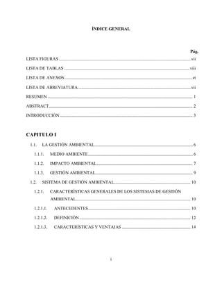 i
ÍNDICE GENERAL
Pág.
LISTA FIGURAS ......................................................................................................................... vii
LISTA DE TABLAS ...................................................................................................................viii
LISTA DE ANEXOS......................................................................................................................vi
LISTA DE ABREVIATURA ....................................................................................................... vii
RESUMEN ..................................................................................................................................... 1
ABSTRACT.................................................................................................................................... 2
INTRODUCCIÓN.......................................................................................................................... 3
CAPITULO I
1.1. LA GESTIÓN AMBIENTAL.......................................................................................... 6
1.1.1. MEDIO AMBIENTE................................................................................................ 6
1.1.2. IMPACTO AMBIENTAL........................................................................................ 7
1.1.3. GESTIÓN AMBIENTAL......................................................................................... 9
1.2. SISTEMA DE GESTIÓN AMBIENTAL...................................................................... 10
1.2.1. CARACTERÍSTICAS GENERALES DE LOS SISTEMAS DE GESTIÓN
AMBIENTAL......................................................................................................... 10
1.2.1.1. ANTECEDENTES.............................................................................................. 10
1.2.1.2. DEFINICIÓN...................................................................................................... 12
1.2.1.3. CARACTERÍSTICAS Y VENTAJAS ............................................................... 14
 