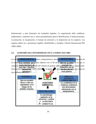 30
Internacional, y para demostrar los resultados logrados. La organización debe establecer,
implementar y mantener uno o varios procedimientos para la identificación, el almacenamiento,
la protección, la recuperación, el tiempo de retención y la disposición de los registros. Los
registros deben ser y permanecer legibles, identificables y trazables. (Norma Internacional ISO
14001-2004).
2.6. AUDITORÍA DE CONFORMIDAD CON LA NORMA ISO 14001
La auditoria es un proceso sistemático, independiente y documentado para obtener evidencias de
la auditoría y evaluarlas de manera objetiva con el fin de determinar la extensión en que se
cumplen los criterios de auditoría del sistema de gestión ambiental fijado por la organización.
(Norma Internacional ISO 14001-2004). En la figura 4, se presenta los 5 aspectos que rigen en
una auditoría ambiental.
AUDITORÍA
AMBIENTAL
 
