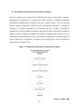 56
B. Descripción General del Proceso Productivo del Queso
Antes de comenzar con las operaciones de fabricación de queso, la leche debe ser tratada y
preparada para acondicionar sus características físicas, químicas y biológicas (filtración,
clarificación, normalización) al producto final que se quiere obtener. Una vez lista para
iniciar la etapa de coagulación la leche se lleva a la temperatura adecuada y se añaden los
fermentos y/o enzimas encargados de la formación del gel o coágulo. Terminada la
coagulación, se corta la cuajada en pequeños cubos para favorecer el desuerado. Después de
separar el suero, se introduce la cuajada en los moldes y en algunos casos se prensa. Una vez
estabilizada la forma del queso, se sala y se procede a la maduración. En algunos quesos el
proceso termina con el desuerado y envasado sin que tenga lugar la etapa de maduración
(quesos frescos). (Luquet, 1991).
Figura 12: Diagrama de Flujo para la Elaboración de Queso
Fuente: CAR/PL, 2002
COAGULACION
CORTE Y DESUERADO
MOLDEO Y PRENSADO
SALADO
SECADO
MADURACION
LECHE PREPARADA PARA
LA ELABORACION DE
QUESO
QUESO
 