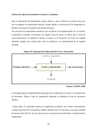 60
Existen dos tipos de tratamientos: térmicos y mecánicos
Para la elaboración de determinados quesos donde se quiere obtener un extracto seco muy
alto se emplean los tratamientos térmicos, donde debido a la elevación de la temperatura se
produce un aumento del grado de desuerado del queso.
Por otra parte los tratamientos mecánicos que se aplican a la cuajada pueden ser: el cortado,
la agitación, el moldeo, el prensado, etc. Según el tipo de queso, se utiliza uno o varios de
estos tratamientos. La agitación consiste en agitar en el lactosuero los trozos de cuajada
obtenidos después del cortado para evitar la tendencia a la sedimentación de la cuajada
dividida.
Figura 14: Esquema de la Operación de Corte y Desuerado
Fuente: CAR/PL, 2002
El principal aspecto medioambiental generado por la elaboración de queso es la producción
de lactosuero. Según el tipo de coagulación empleado se obtendrá un tipo de lactosuero
distinto:
• Suero dulce: Es generado durante la coagulación enzimática de la leche. Generalmente
contiene entre 0,6-0,9% de proteína soluble, alrededor del 0,3% de grasa y una gran cantidad
de lactosa (más del 5%). En este tipo de suero la presencia de ácido láctico es prácticamente
inapreciable.
 