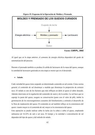 62
Figura 15: Esquema de la Operación de Moldeo y Prensado
Fuente: CAR/PL, 2002
Al igual que en la etapa anterior, el consumo de energía eléctrica dependerá del grado de
automatización del proceso.
Durante el prensado también se produce la salida de lactosuero de la masa del queso, aunque
la cantidad de lactosuero generada en esta etapa es menor que en el desuerado.
 Salado
Cada variedad de queso tiene asignado un determinado contenido en sal común. Como norma
general, el contenido de sal disminuye a medida que disminuye la proporción de extracto
seco. El salado es uno de los factores que más influyen en darle al queso el sabor deseado.
Además interviene en la regulación del contenido de suero y de la acidez. La sal hace que se
esponje la pasta del queso, asegura su conservación (junto con el valor de pH), inhibe la
germinación de los microorganismos causantes del hinchamiento y estimula el desarrollo de
la flora de maduración del queso. El contenido en sal también influye en la consistencia del
queso: cuanto mayor es el contenido de sal, mayor es la consistencia del queso.
Esta operación se puede realizar sobre la leche (en la cuba) o sobre el queso, empleando
salmueras (al 16-22% de sal) o sal seca. El tiempo y la cantidad o concentración de sal
dependen del tipo de queso y del método de salado.
 