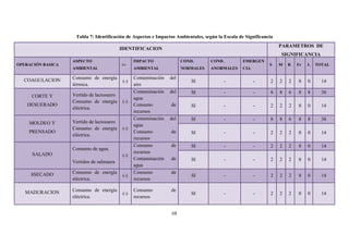 68
Tabla 7: Identificación de Aspectos e Impactos Ambientales, según la Escala de Significancia
IDENTIFICACION
PARAMETROS DE
SIGNIFICANCIA
OPERACIÓN BASICA
ASPECTO
AMBIENTAL
+/-
IMPACTO
AMBIENTAL
COND.
NORMALES
COND.
ANORMALES
EMERGEN
CIA
S M R Fr L TOTAL
COAGULACION Consumo de energía
térmica.
(-)
Contaminación del
aire
SI - - 2 2 2 8 0 14
CORTE Y
DESUERADO
Vertido de lactosuero
Consumo de energía
eléctrica.
(-)
Contaminación del
agua
Consumo de
recursos
SI - - 8 8 6 8 8 38
SI - - 2 2 2 8 0 14
MOLDEO Y
PRENSADO
Vertido de lactosuero
Consumo de energía
eléctrica.
(-)
Contaminación del
agua
Consumo de
recursos
SI - - 8 8 6 8 8 38
SI - - 2 2 2 8 0 14
SALADO
Consumo de agua.
Vertidos de salmuera
(-)
Consumo de
recursos
Contaminación de
agua
SI - - 2 2 2 8 0 14
SI - - 2 2 2 8 0 14
8SECADO Consumo de energía
eléctrica.
(-)
Consumo de
recursos
SI - - 2 2 2 8 0 14
MADURACION Consumo de energía
eléctrica.
(-)
Consumo de
recursos
SI - - 2 2 2 8 0 14
 