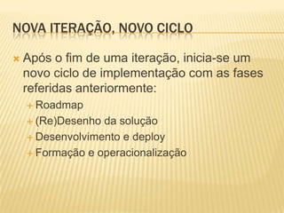 NOVA ITERAÇÃO, NOVO CICLO

   Após o fim de uma iteração, inicia-se um
    novo ciclo de implementação com as fases
    referidas anteriormente:
     Roadmap

     (Re)Desenho da solução
     Desenvolvimento e deploy

     Formação e operacionalização
 