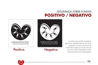 UNIVERSIDADE LUTERANA DO BRASIL
CAMPUS CARAZINHO
CURSO DE DESIGN
MANUAL PADRÃO CURSO DESIGN 26
SEGURANÇA SOBRE FUNDOS
POSITIVO / NEGATIVO
A versão traço positivo/negativo
deverá ser utilizada apenas em casos
especiais em que o processo de
impressão impeça o uso de mais de
uma cor, como impressões a laser
monocromáticas ou estampagens.
ESCOLA DE ENSINO INFANTIL
CORAÇÃO DE MÃE
ESCOLA DE ENSINO INFANTIL
CORAÇÃO DE MÃE
Positivo Negativo
 